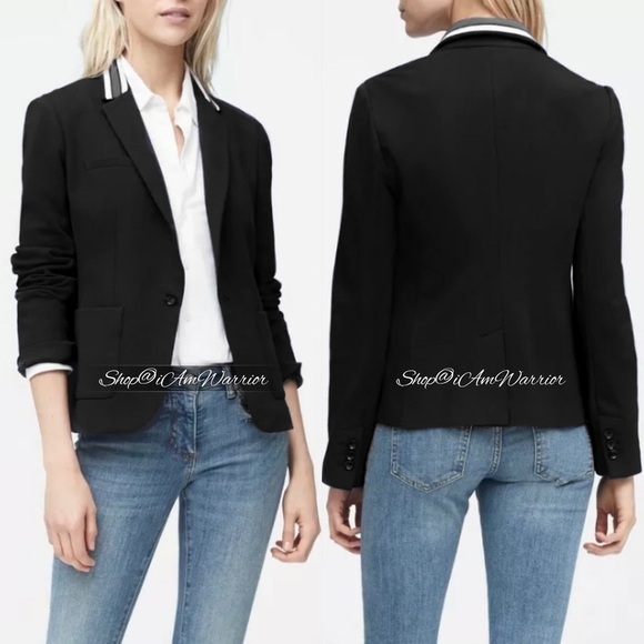 Banana Republic NWT black ponte knit stripe collar one button blazer - Picture 3 of 9